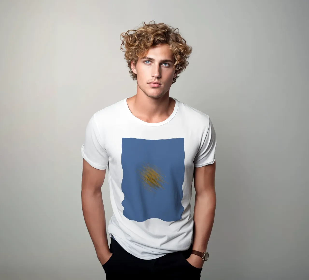 Abstract dynamic pattern in yellow and blue t-shirt by Something for you