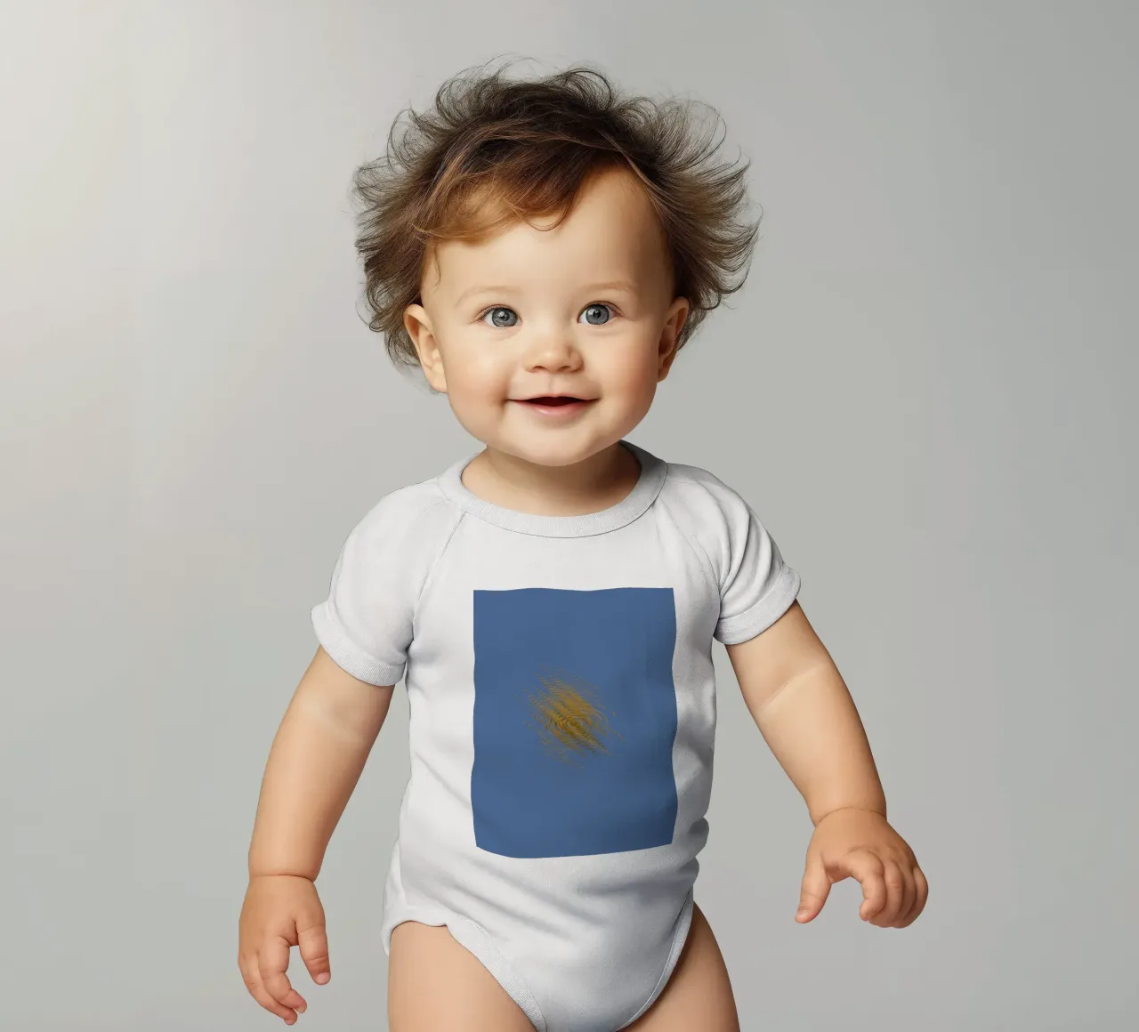 Abstract dynamic pattern in yellow and blue short-sleeve baby romper by Something for you