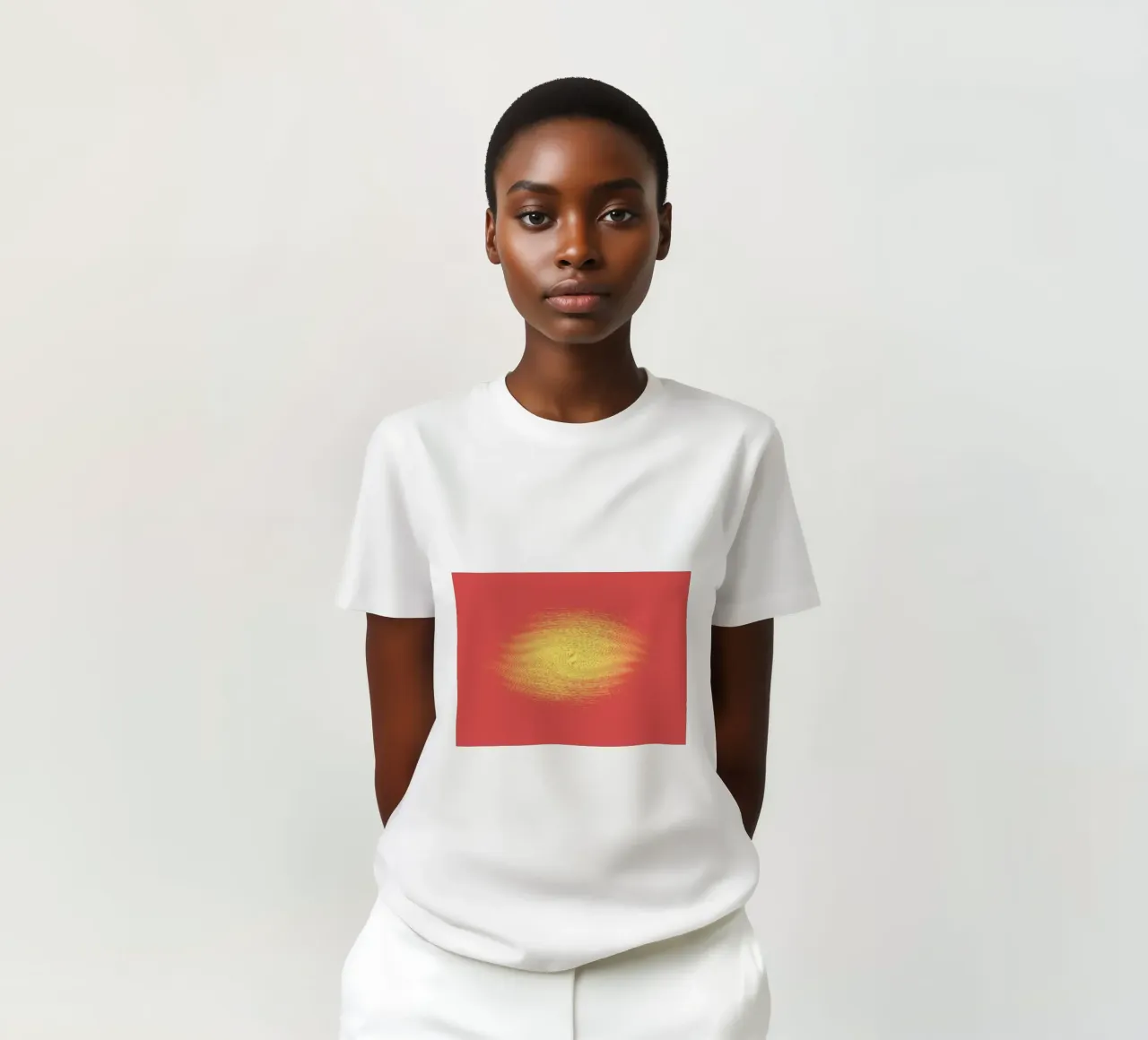 Abstract dynamic pattern in red and yellow t-shirt by Something for you