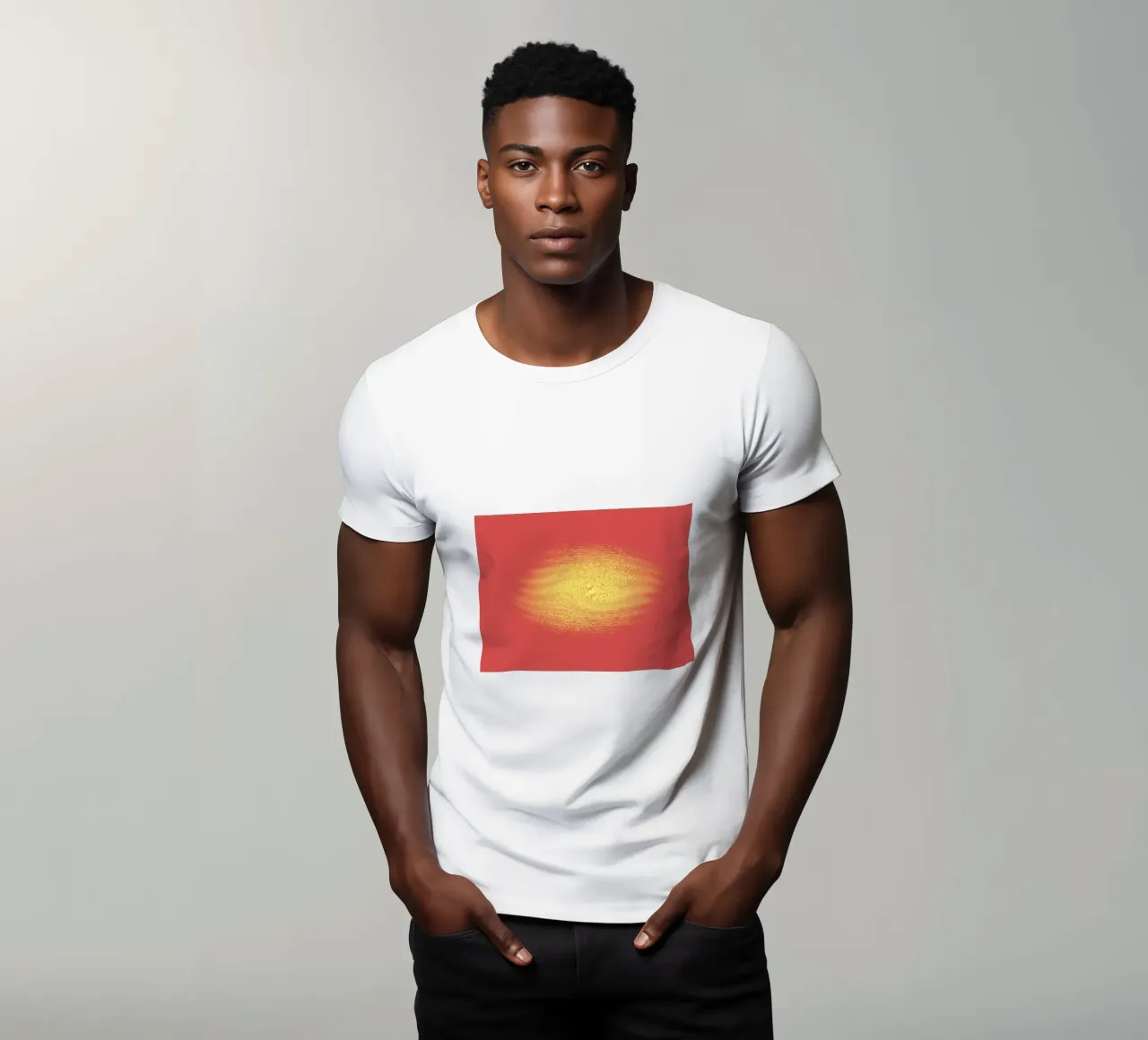 Abstract dynamic pattern in red and yellow t-shirt by Something for you