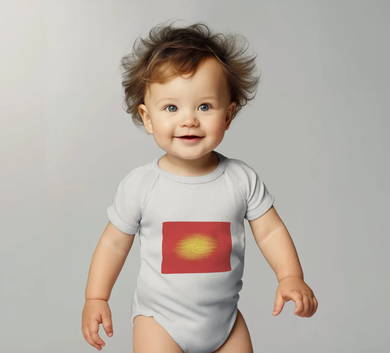 Abstract dynamic pattern in red and yellow short-sleeve baby romper by Something for you