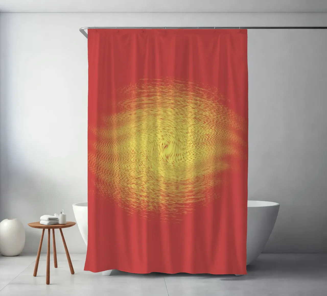 Abstract dynamic pattern in red and yellow shower curtain by Something for you