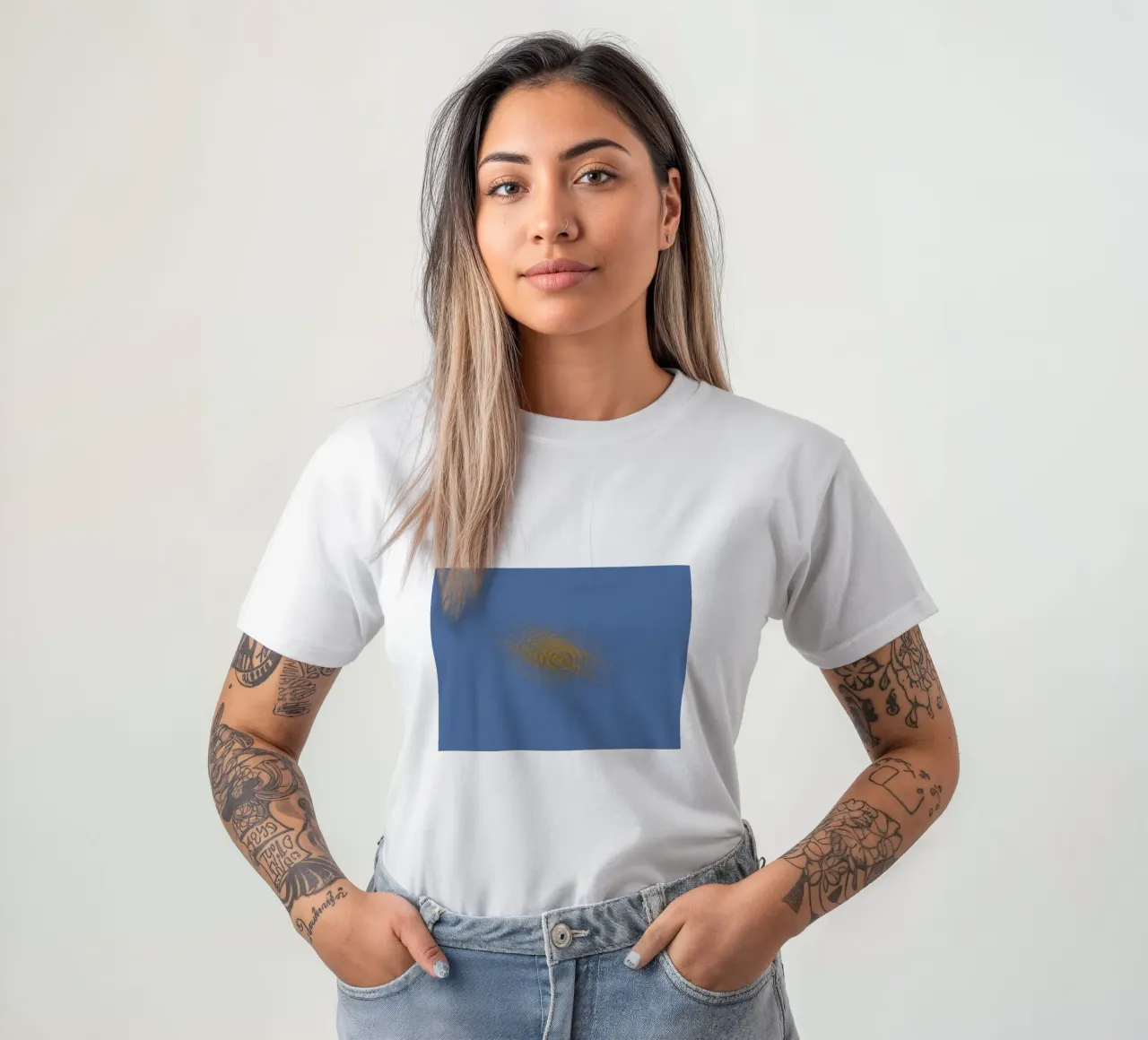 Abstract dynamic circular pattern in blue and yellow t-shirt by Something for you