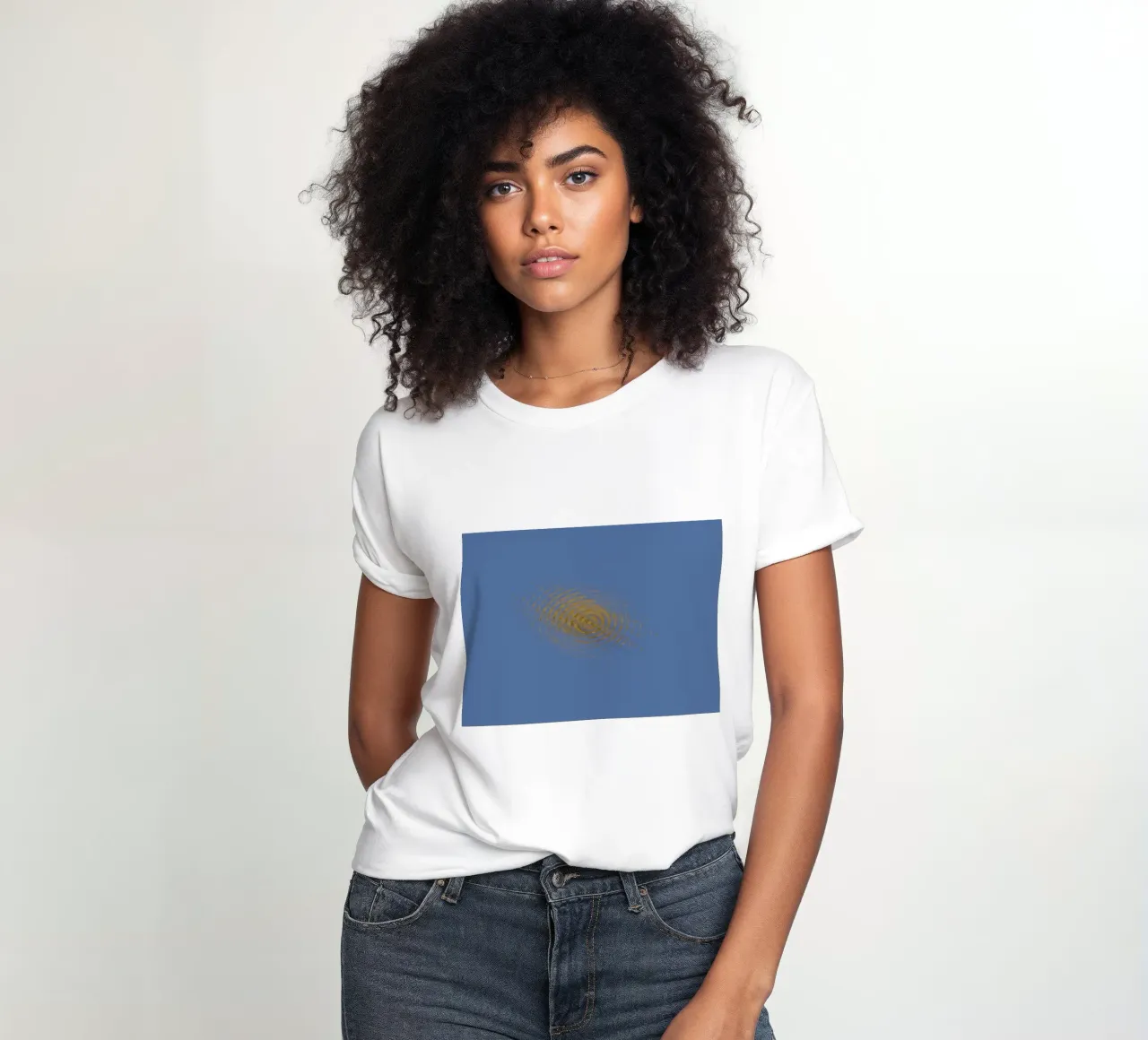 Abstract dynamic circular pattern in blue and yellow women's fitted t-shirt by Something for you