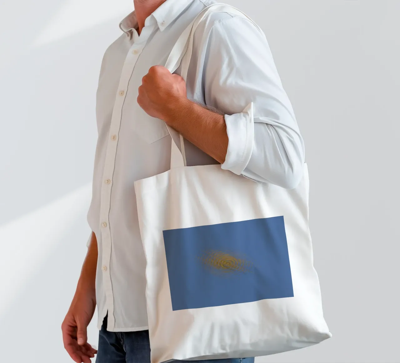 Abstract dynamic circular pattern in blue and yellow tote bag by Something for you