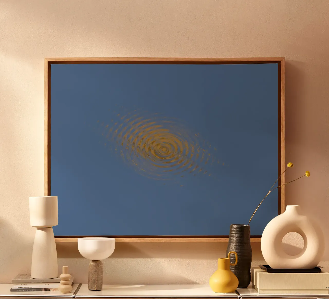 Abstract dynamic circular pattern in blue and yellow canvas by Something for you