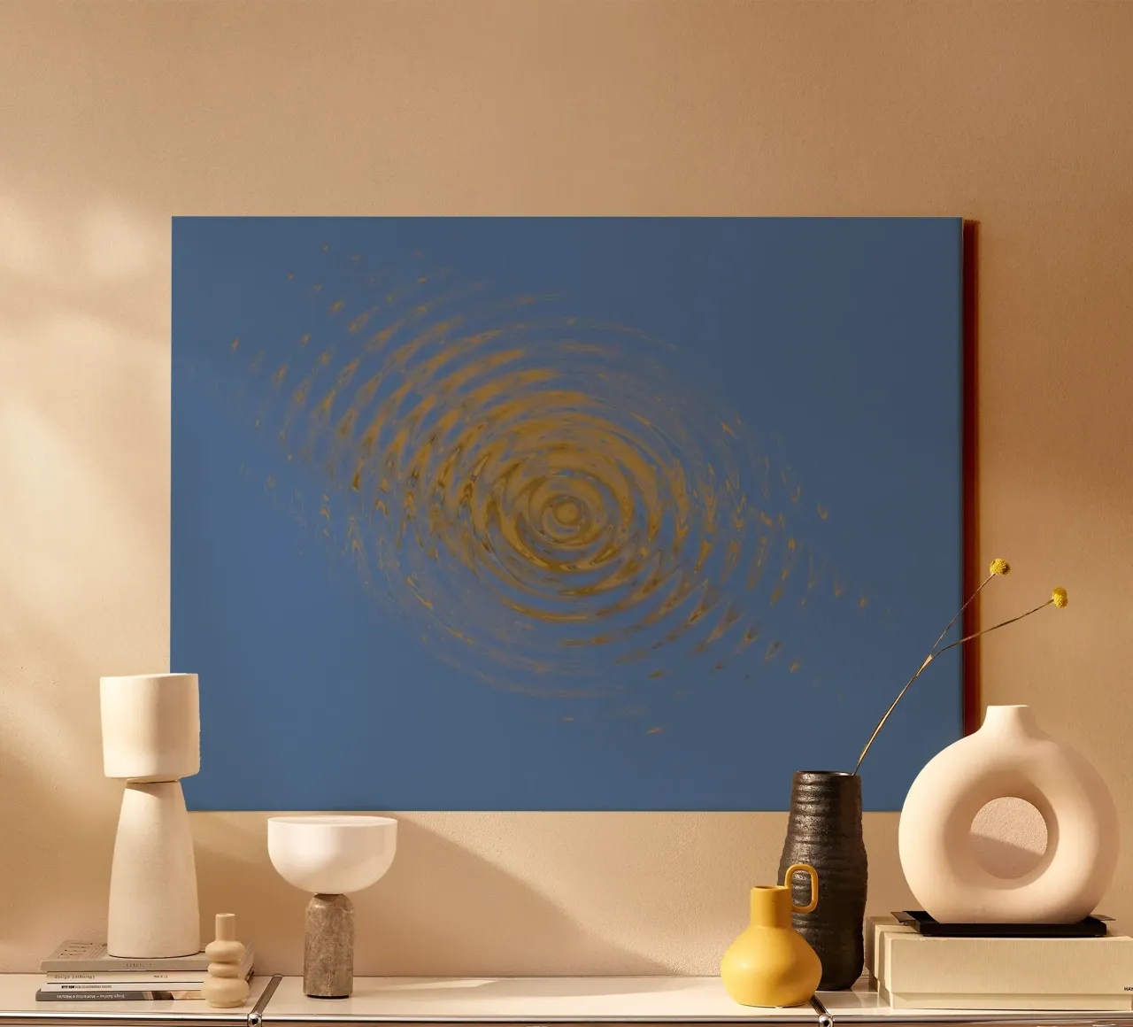 Abstract dynamic circular pattern in blue and yellow canvas by Something for you