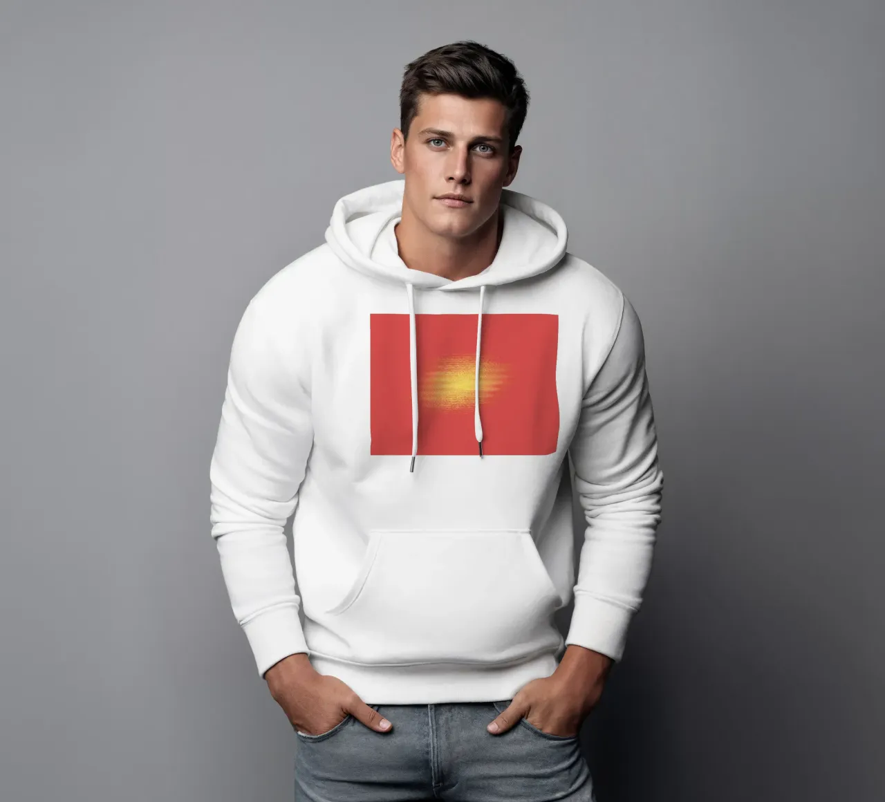 Abstract dynamic horizontal pattern in red and yellow hoodie by Something for you