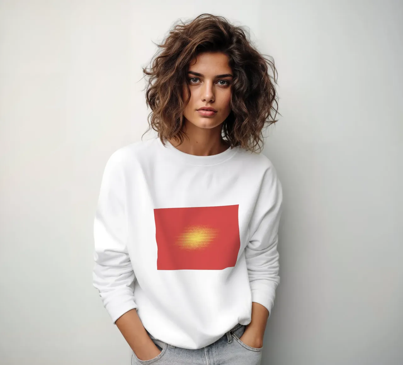Abstract dynamic horizontal pattern in red and yellow sweatshirt by Something for you