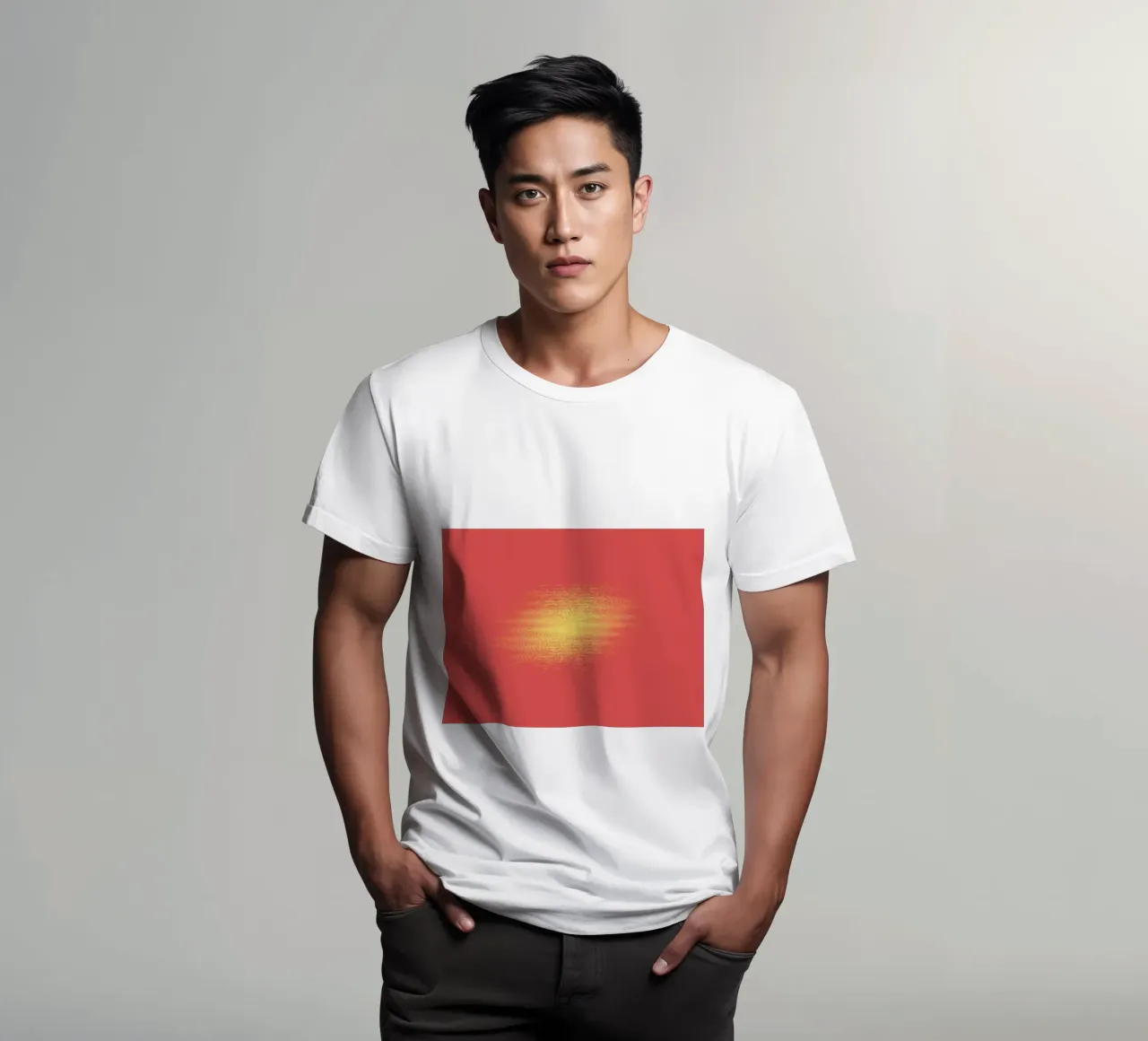 Abstract dynamic horizontal pattern in red and yellow t-shirt by Something for you
