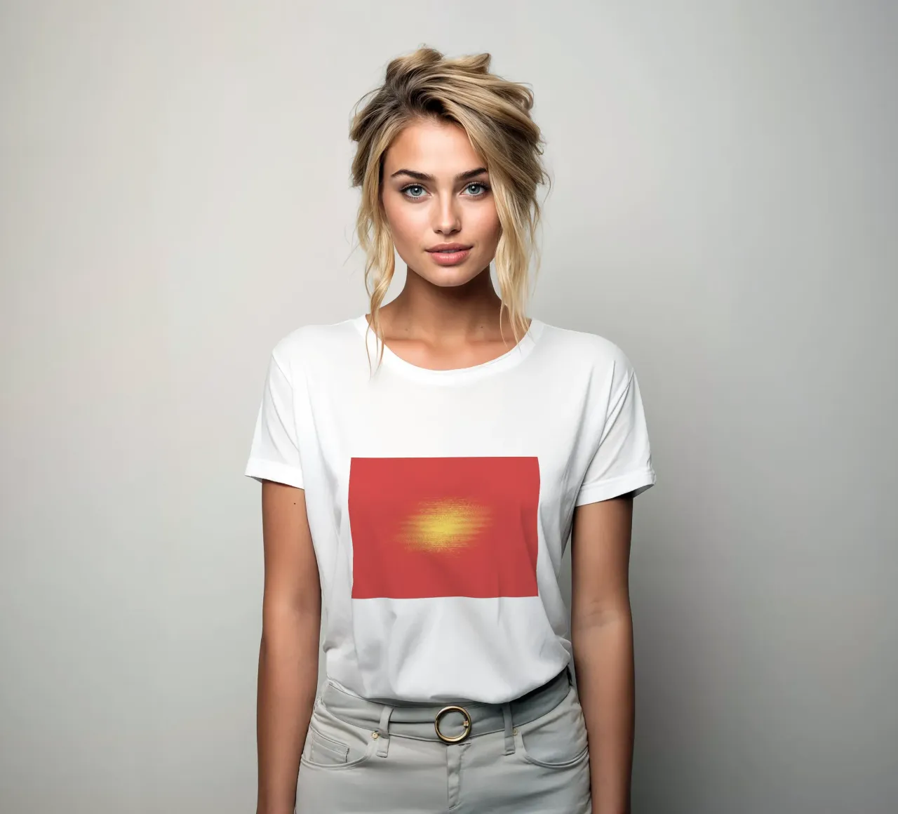 Abstract dynamic horizontal pattern in red and yellow women's fitted t-shirt by Something for you
