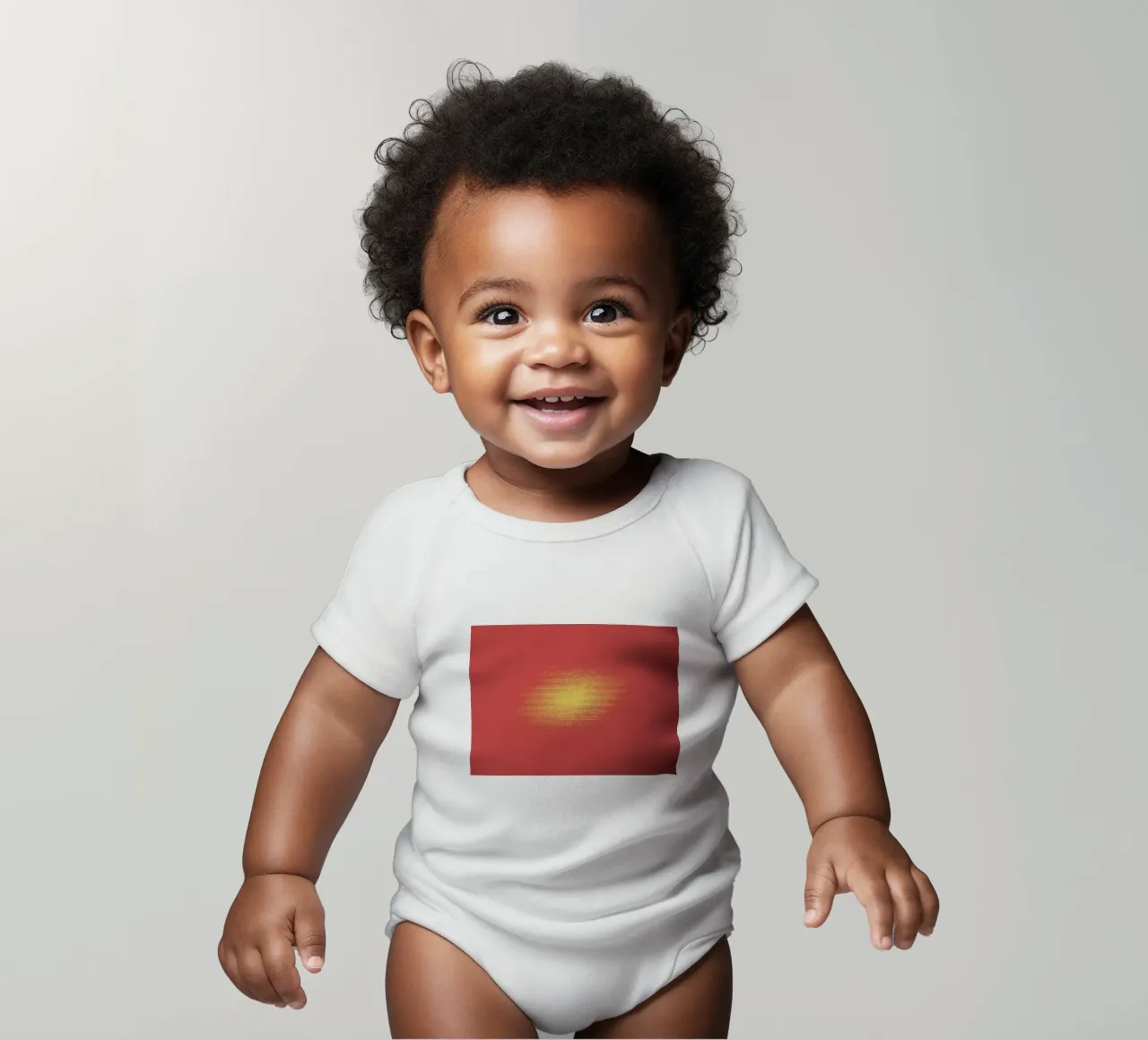 Abstract dynamic horizontal pattern in red and yellow short-sleeve baby romper by Something for you