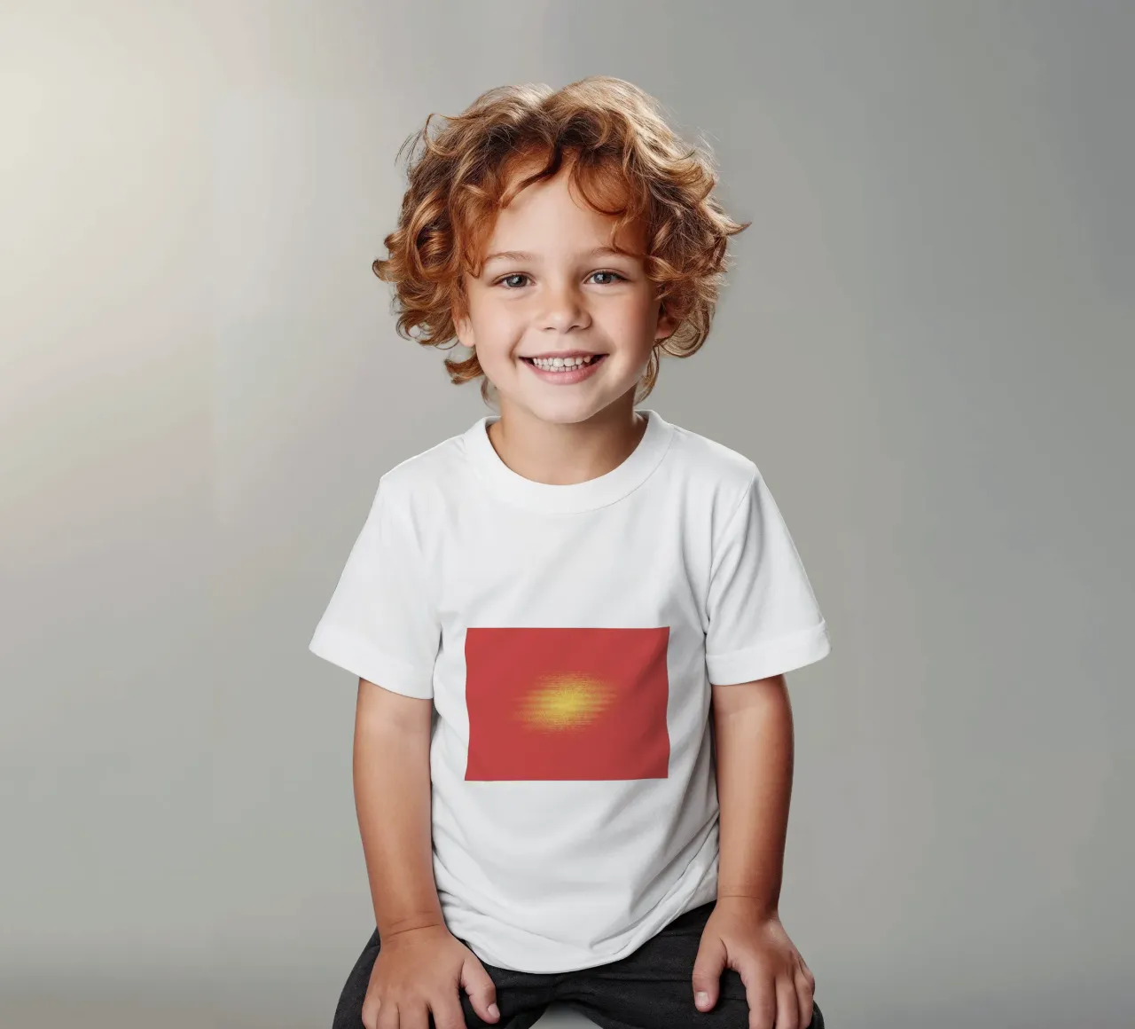 Abstract dynamic horizontal pattern in red and yellow kids t-shirt by Something for you