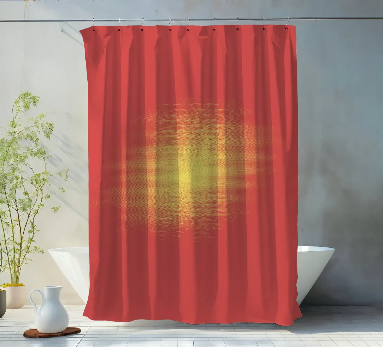 Abstract dynamisch horizontaal patroon in rood en geel douchegordijn van Something for you