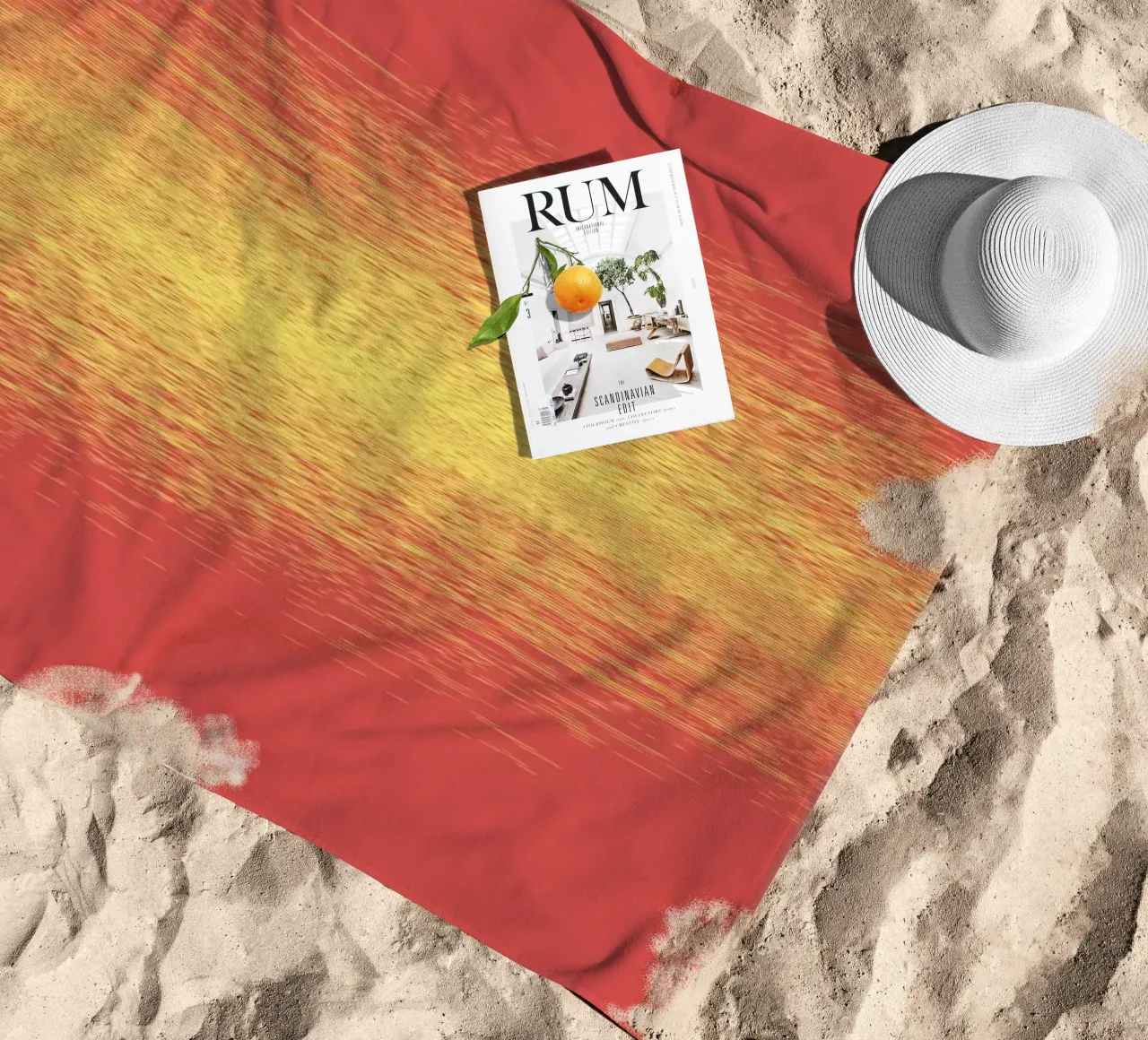 Abstract dynamic horizontal pattern in red and yellow beach towel by Something for you