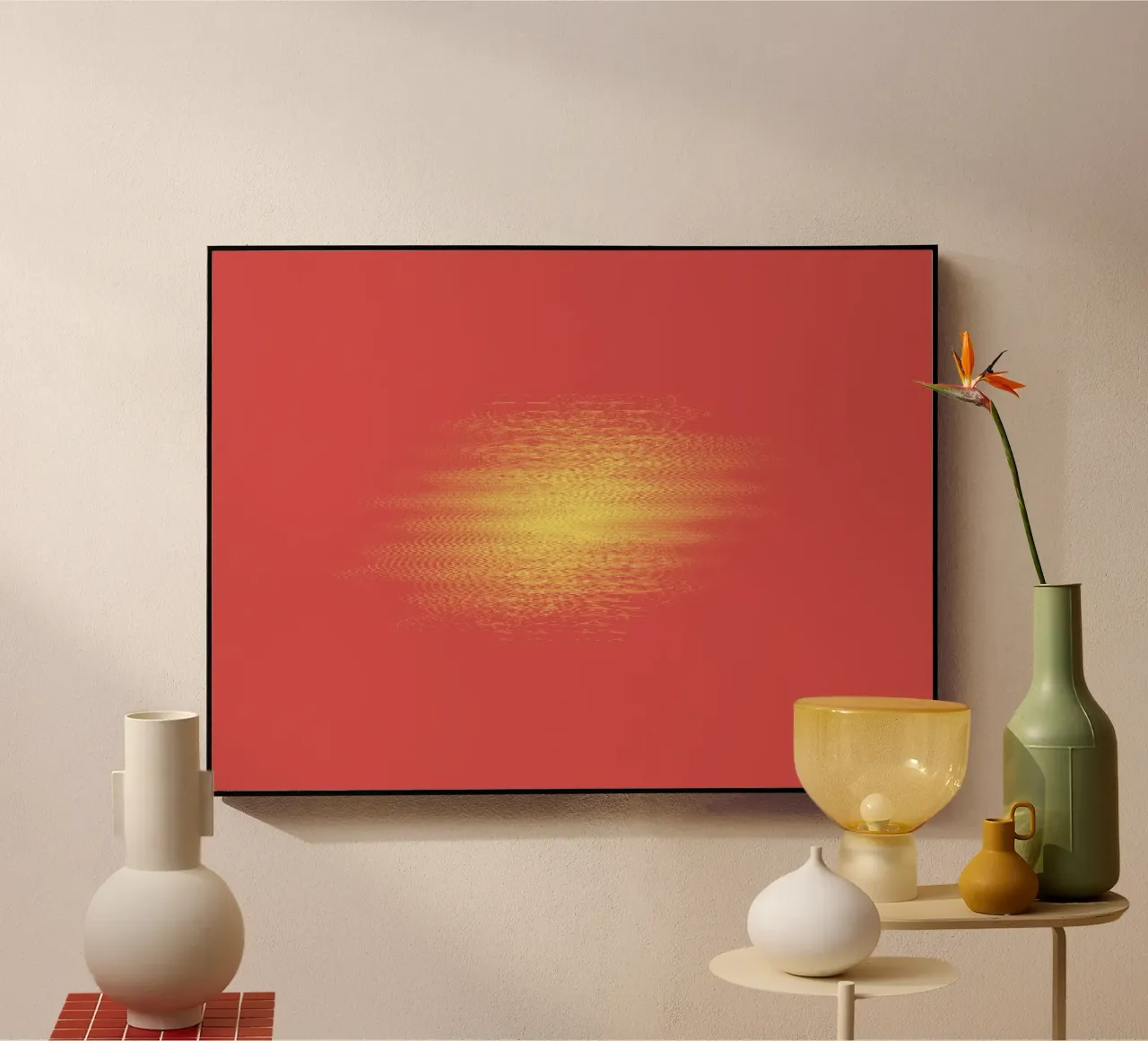 Abstract dynamic horizontal pattern in red and yellow acrylic glass by Something for you