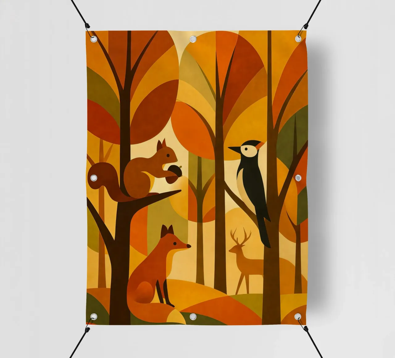 Scoiattolo, volpe e cervo in una foresta autunnale telo in pvc da ARTOMATIC