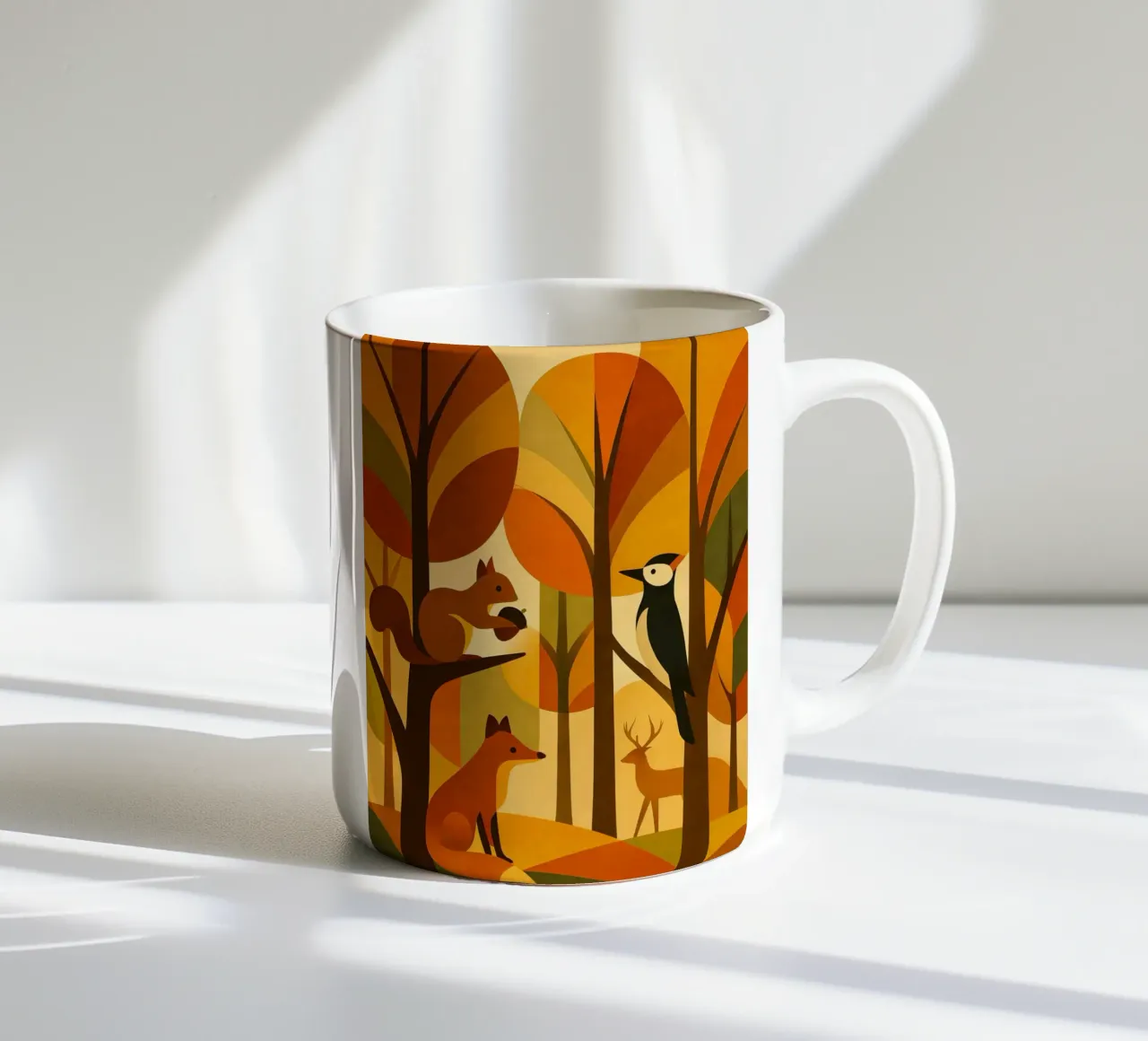 Scoiattolo, volpe e cervo in una foresta autunnale tazza in ceramica da ARTOMATIC