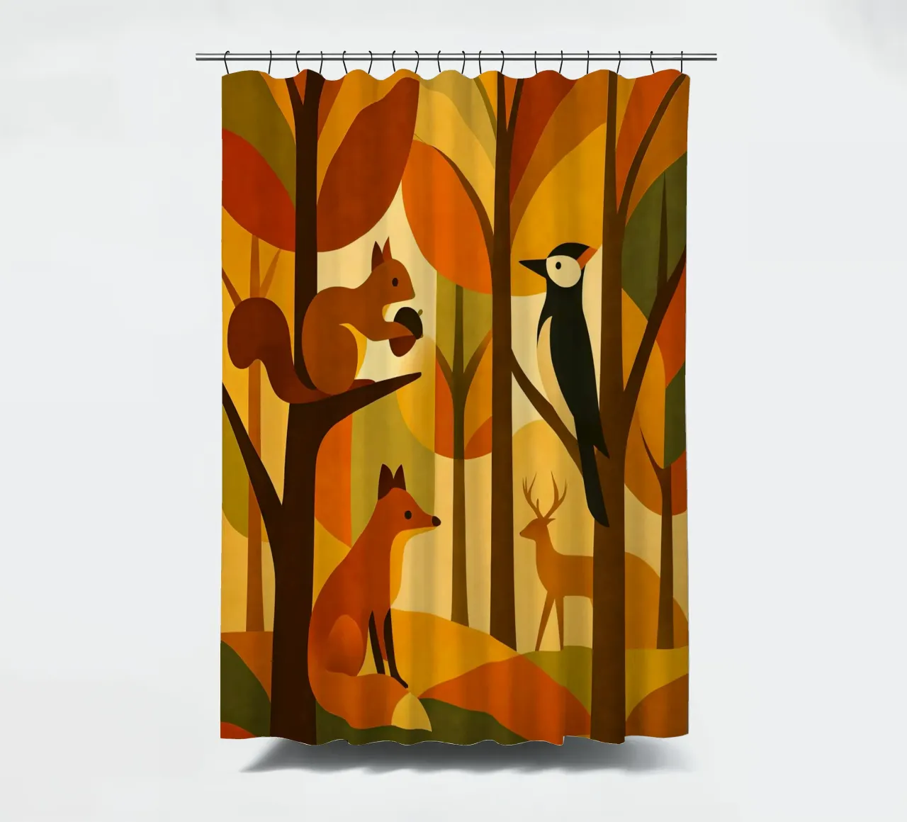 Scoiattolo, volpe e cervo in una foresta autunnale tenda da doccia da ARTOMATIC