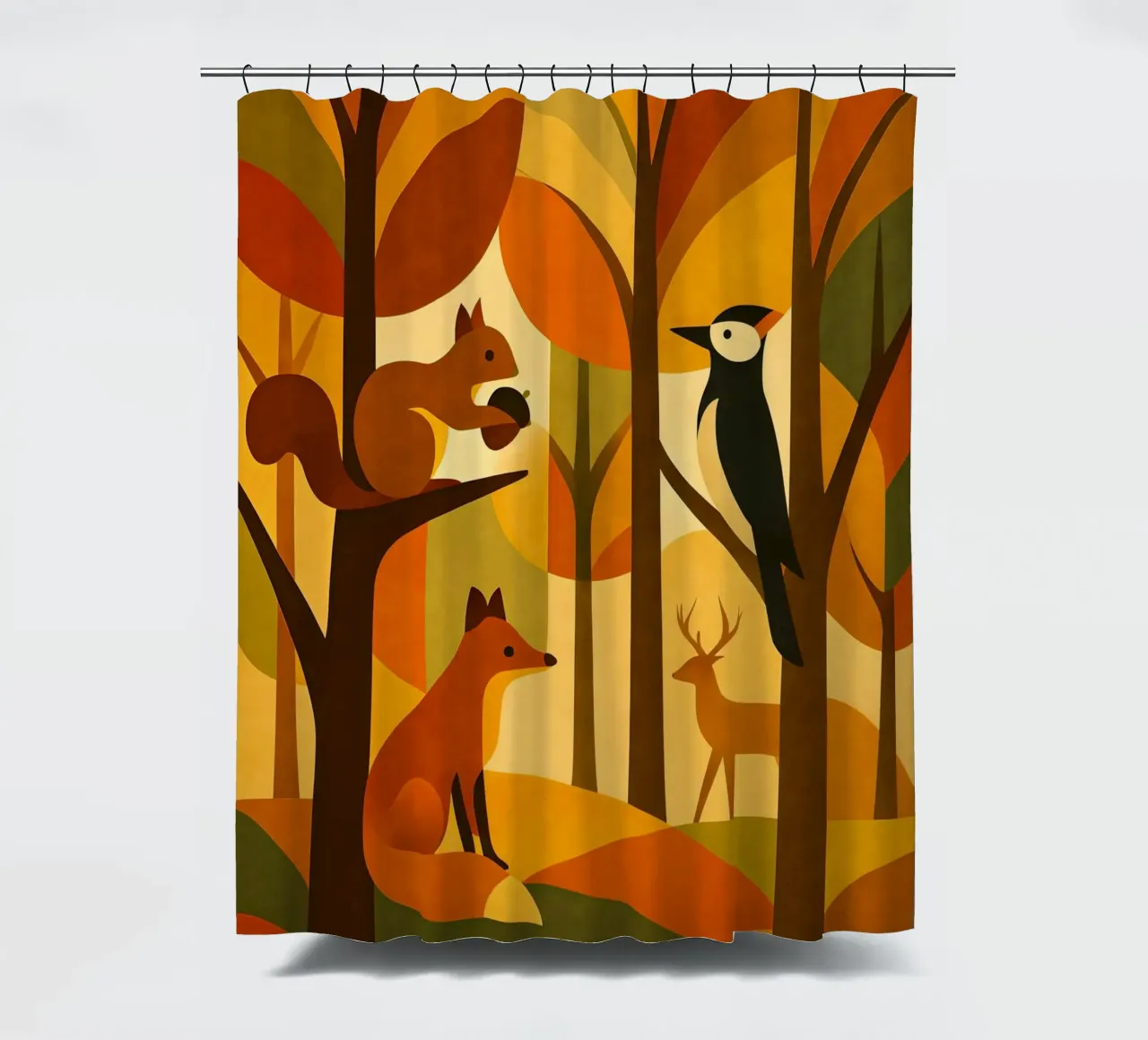 Scoiattolo, volpe e cervo in una foresta autunnale tenda da doccia da ARTOMATIC