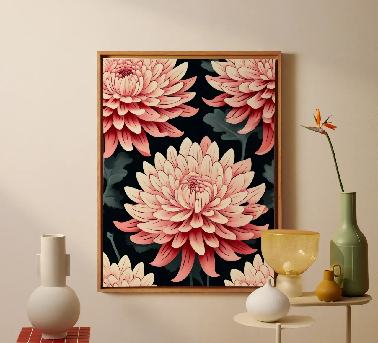 Elegant Chrysanthemum Floral Pattern canvas with Floater frame by Artistic-shop