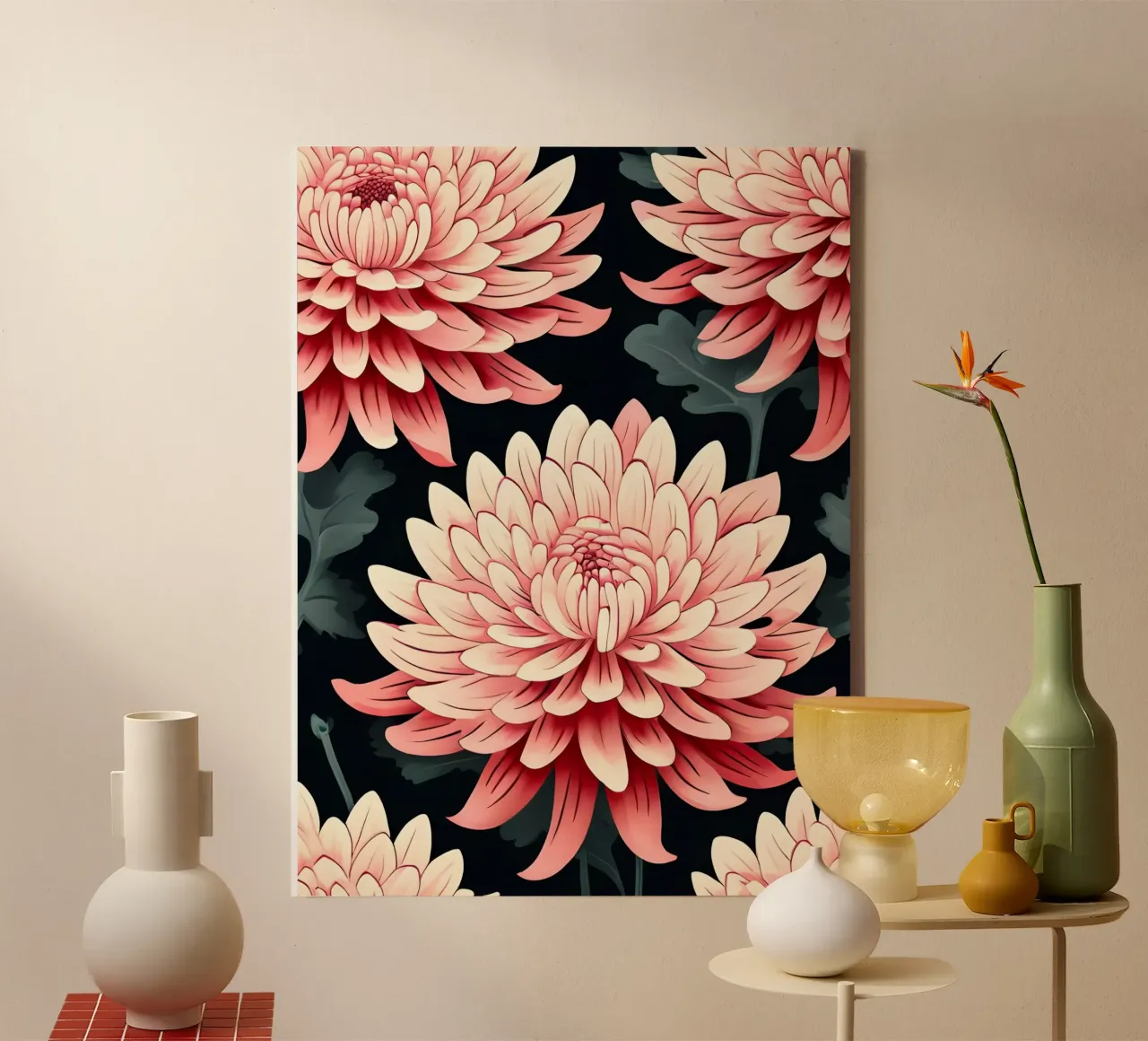 Elegant Chrysanthemum Floral Pattern canvas with Floater frame by Artistic-shop
