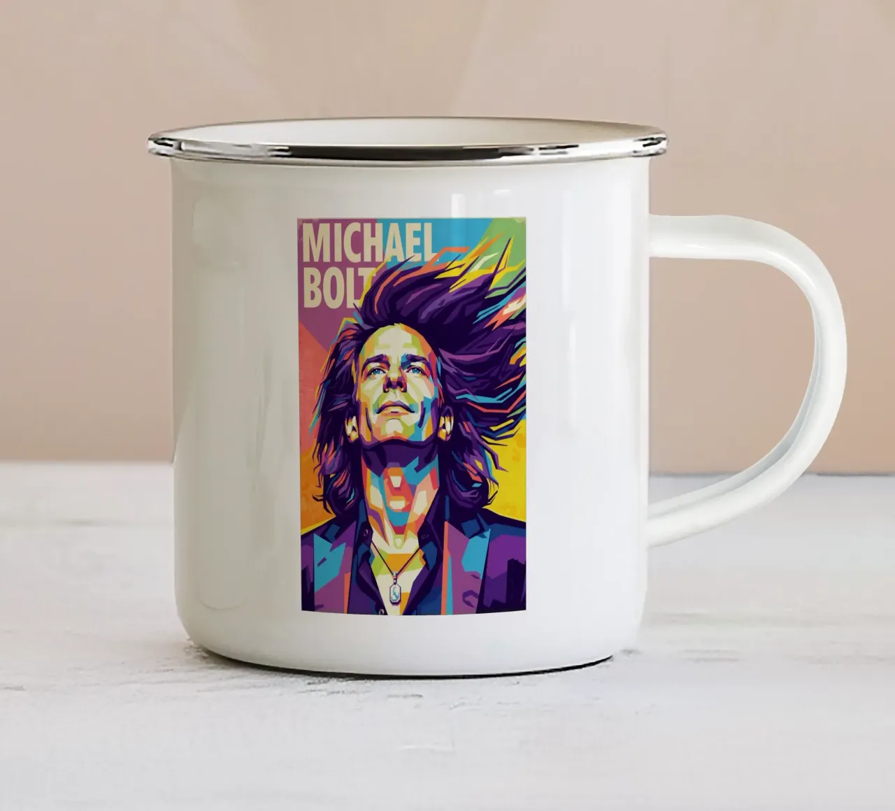 Ritratto pop art di Michael Bolton tazza in smalto da Hantamrata