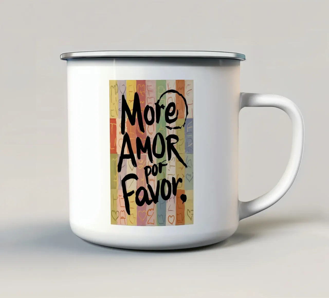 Più amore per favore amore tazza in smalto da Charlotte Gagnon