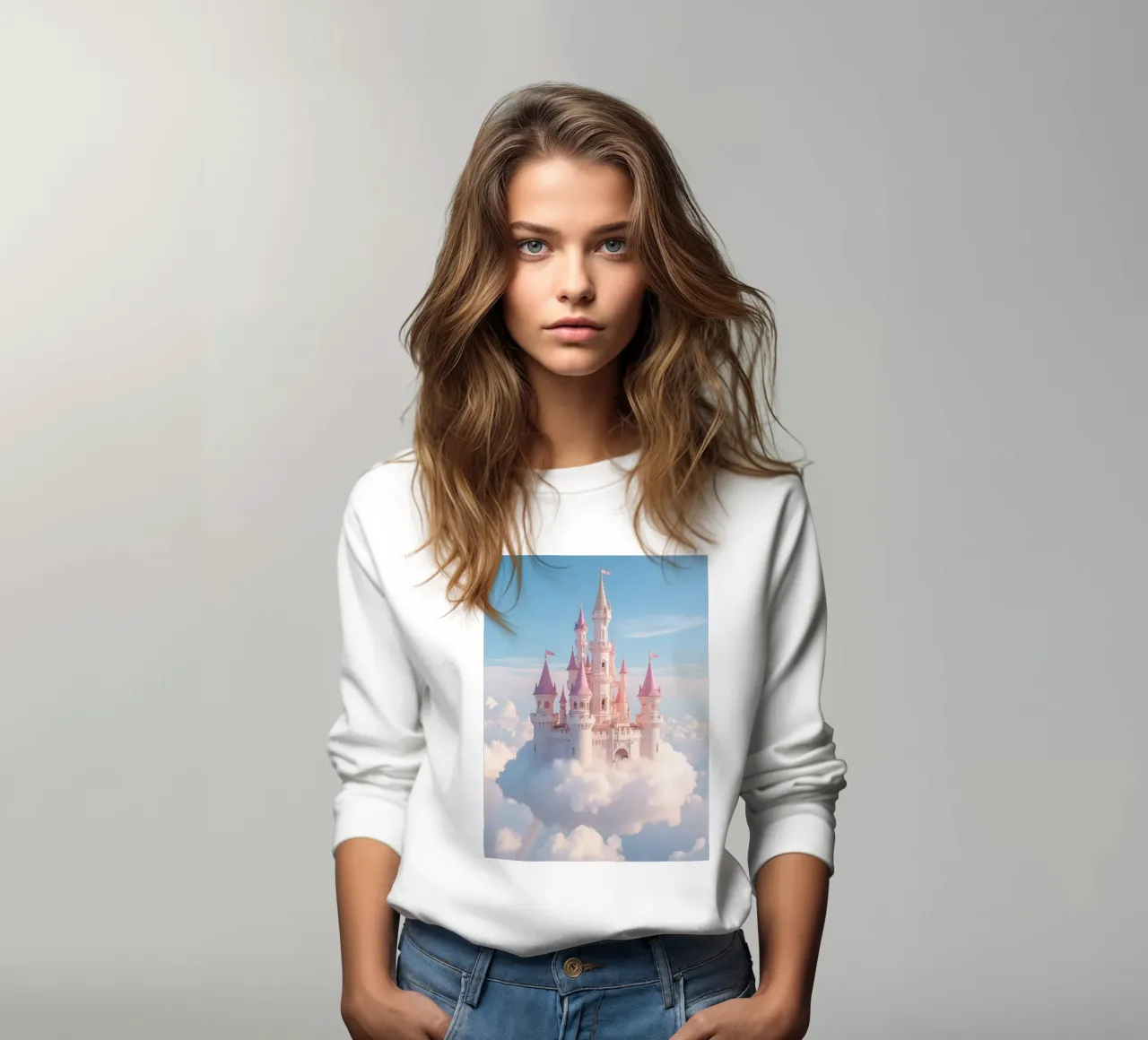Castle floating on clouds with rainbow sweatshirt by DesignDoodle
