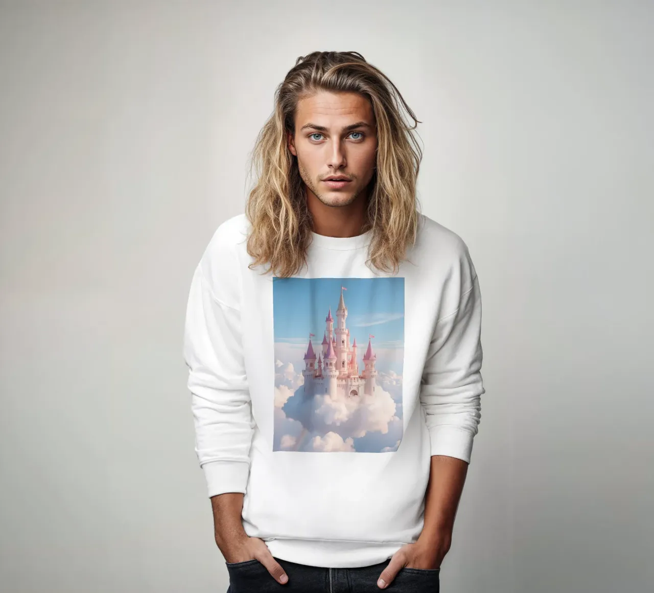 Castle floating on clouds with rainbow sweatshirt by DesignDoodle