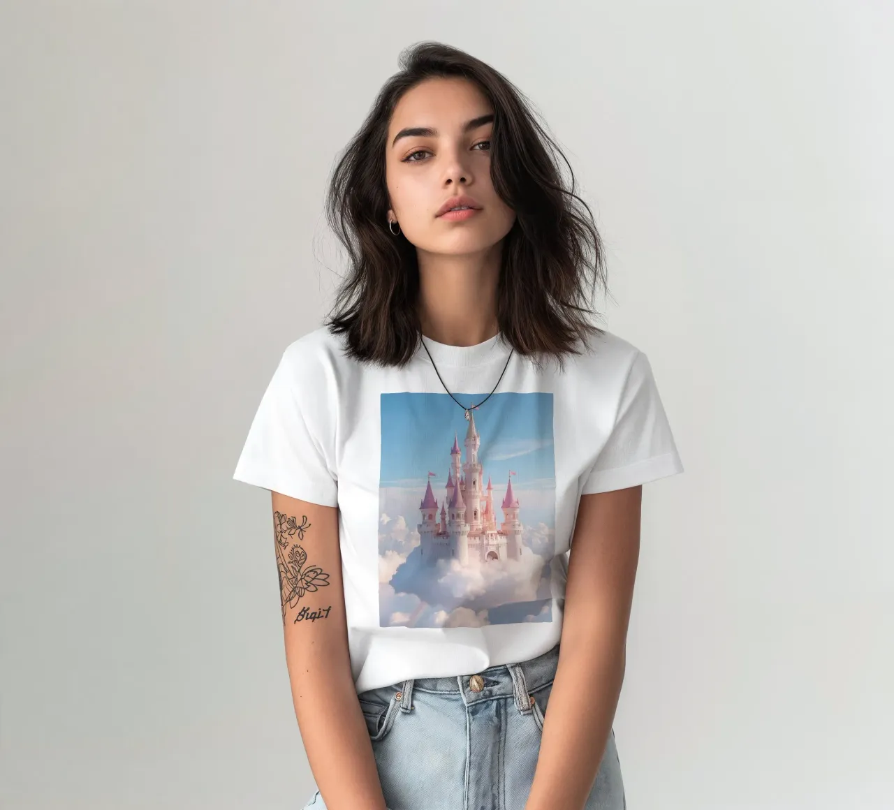 Castle floating on clouds with rainbow t-shirt by DesignDoodle