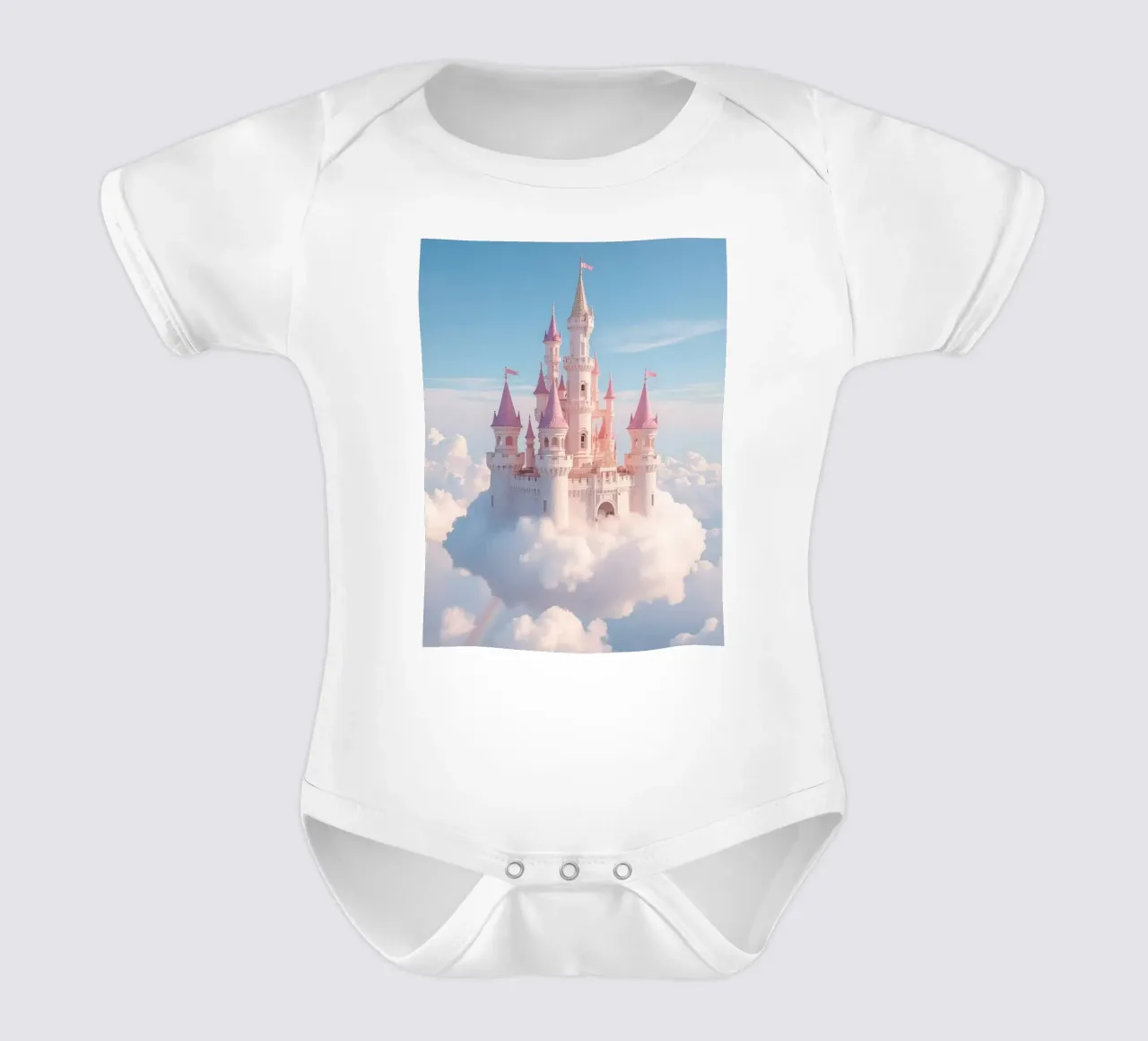 Castle floating on clouds with rainbow short-sleeve baby romper by DesignDoodle
