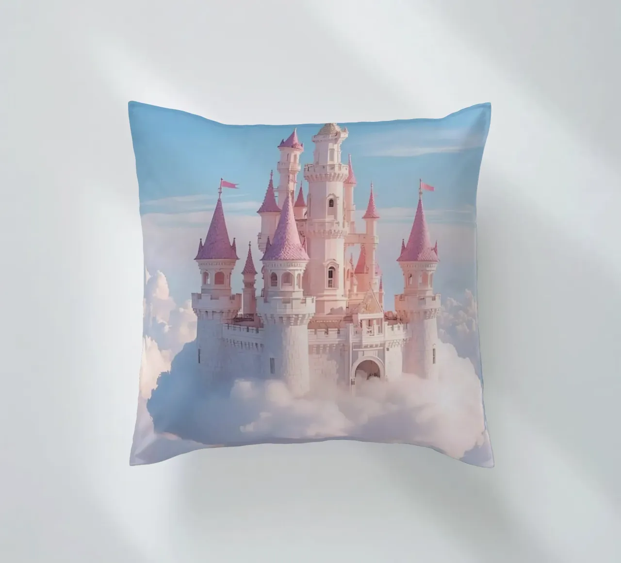Castle floating on clouds with rainbow decorative cushion by DesignDoodle