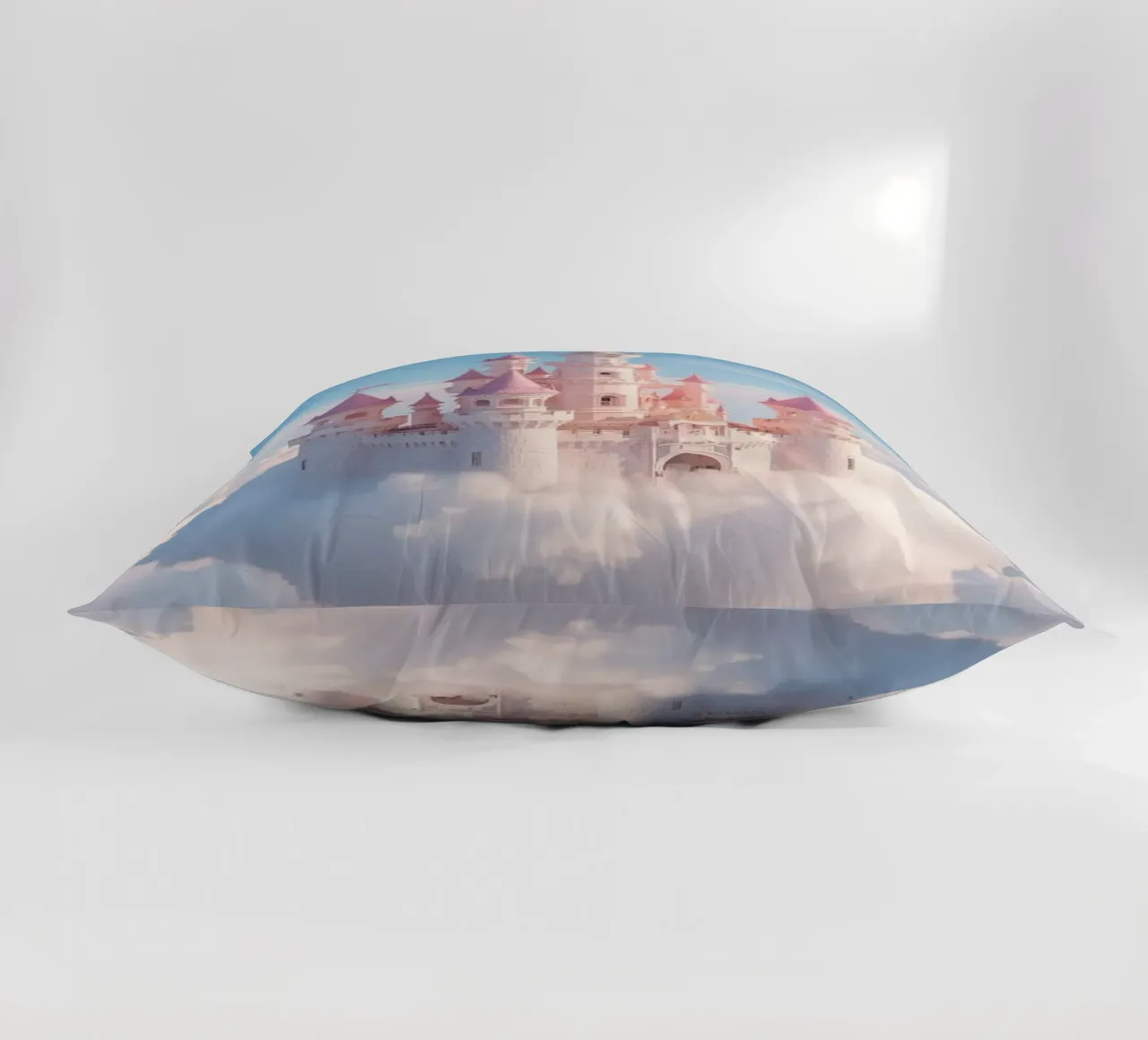Castle floating on clouds with rainbow decorative cushion by DesignDoodle