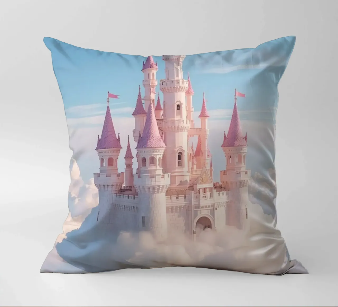 Castle floating on clouds with rainbow decorative cushion by DesignDoodle