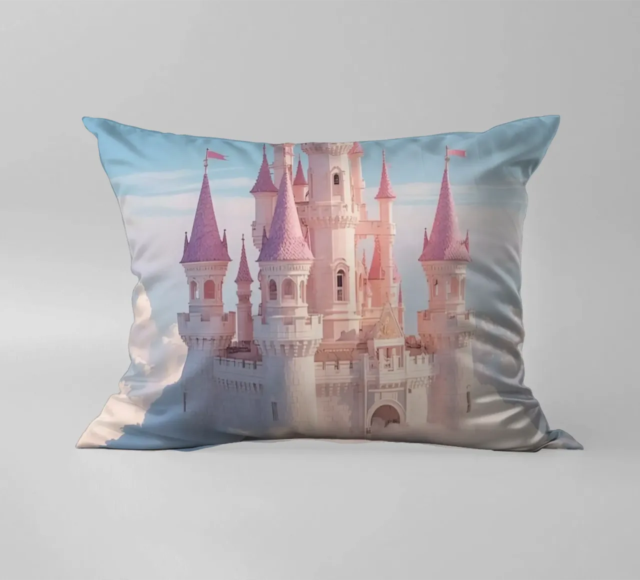 Castle floating on clouds with rainbow decorative cushion by DesignDoodle