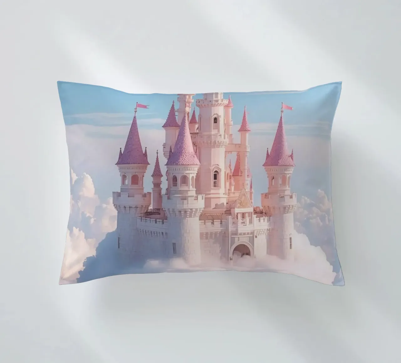 Castle floating on clouds with rainbow decorative cushion by DesignDoodle
