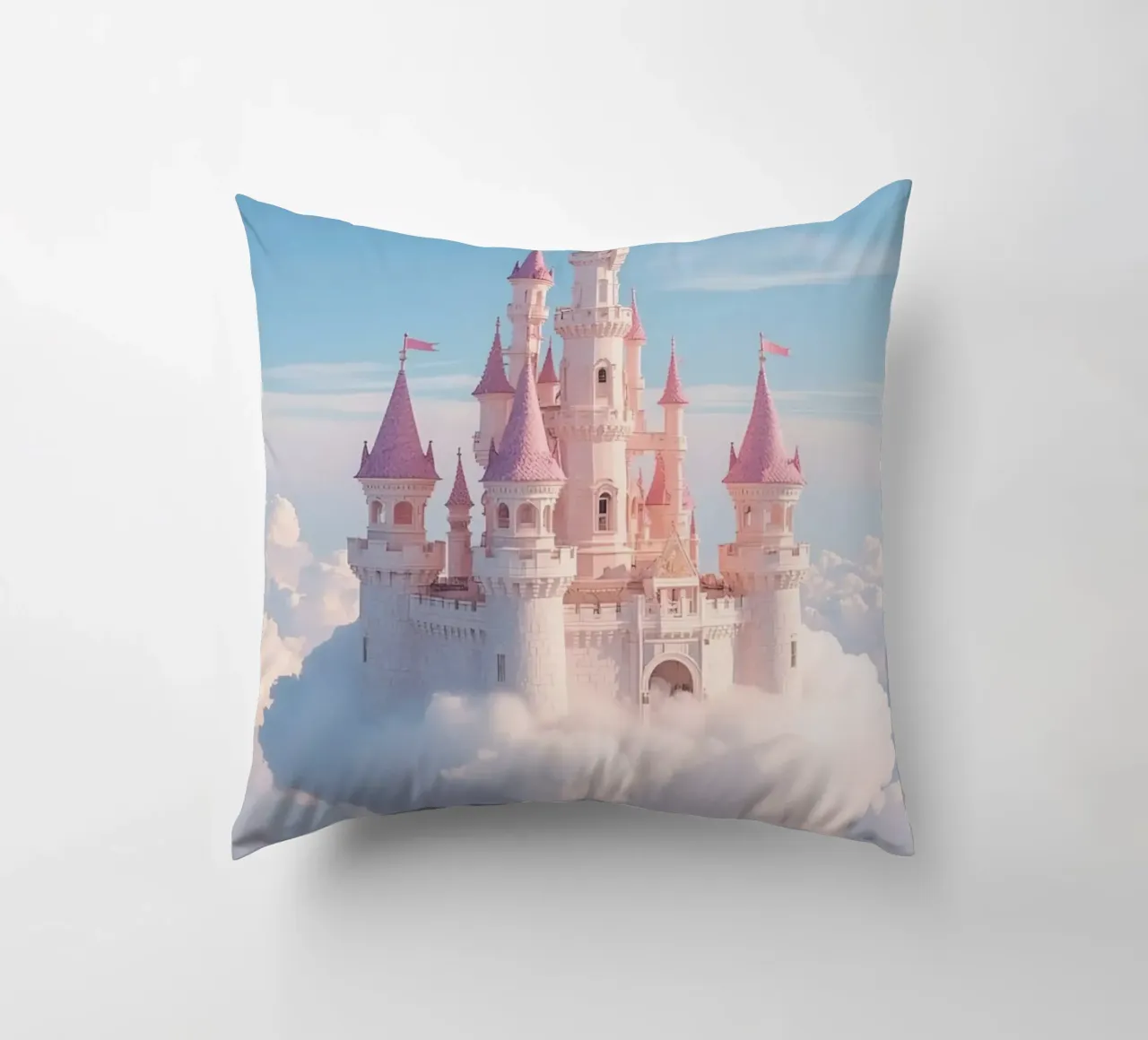 Castle floating on clouds with rainbow decorative cushion by DesignDoodle