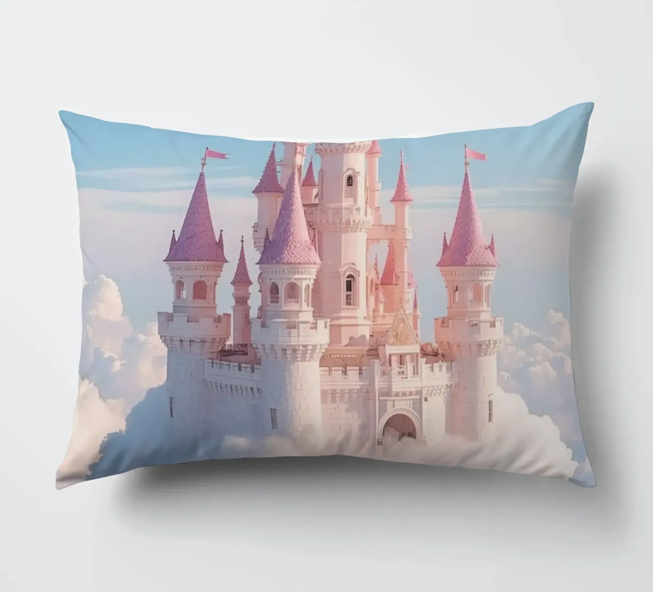 Castle floating on clouds with rainbow decorative cushion by DesignDoodle
