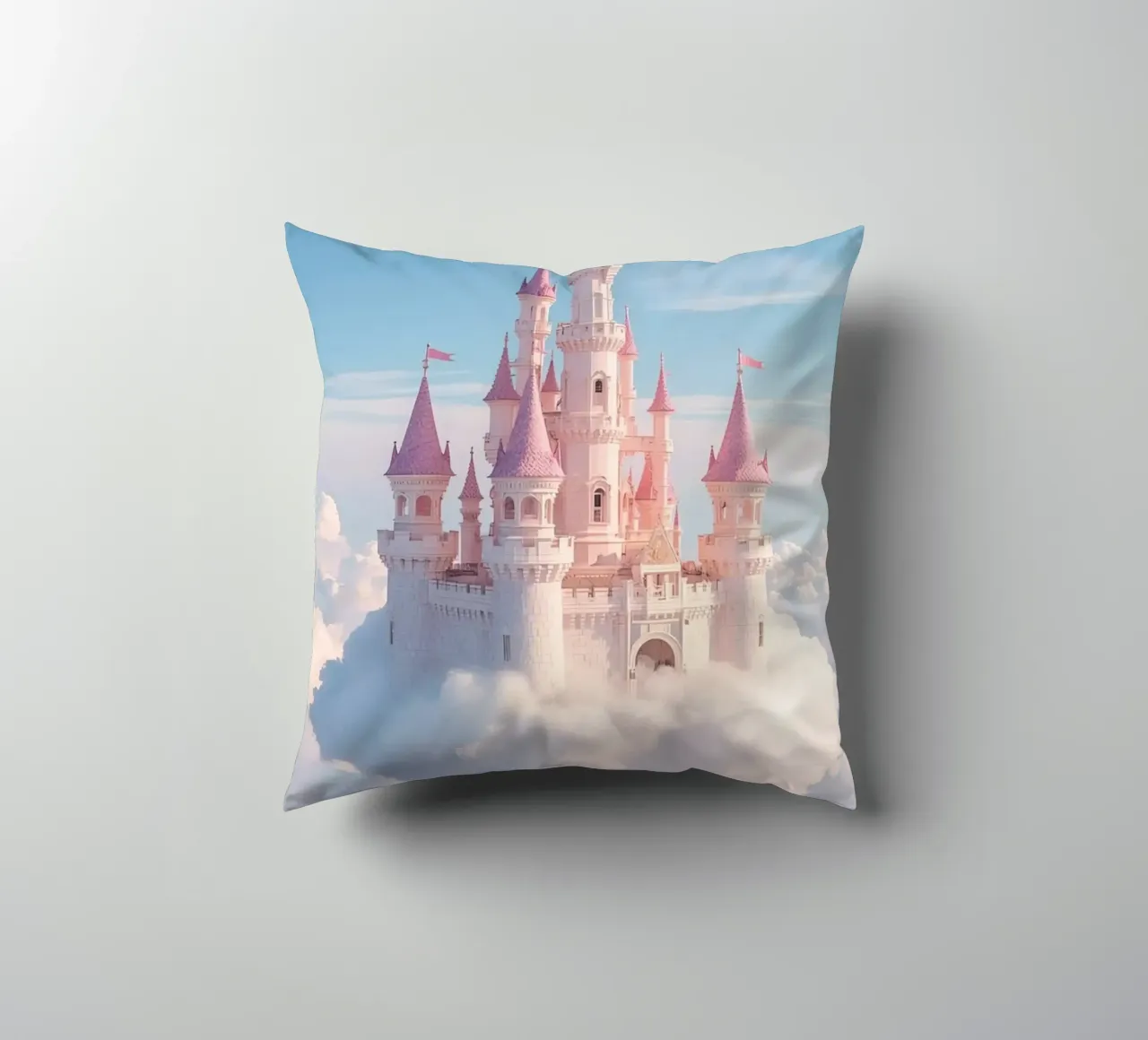 Castle floating on clouds with rainbow decorative cushion by DesignDoodle
