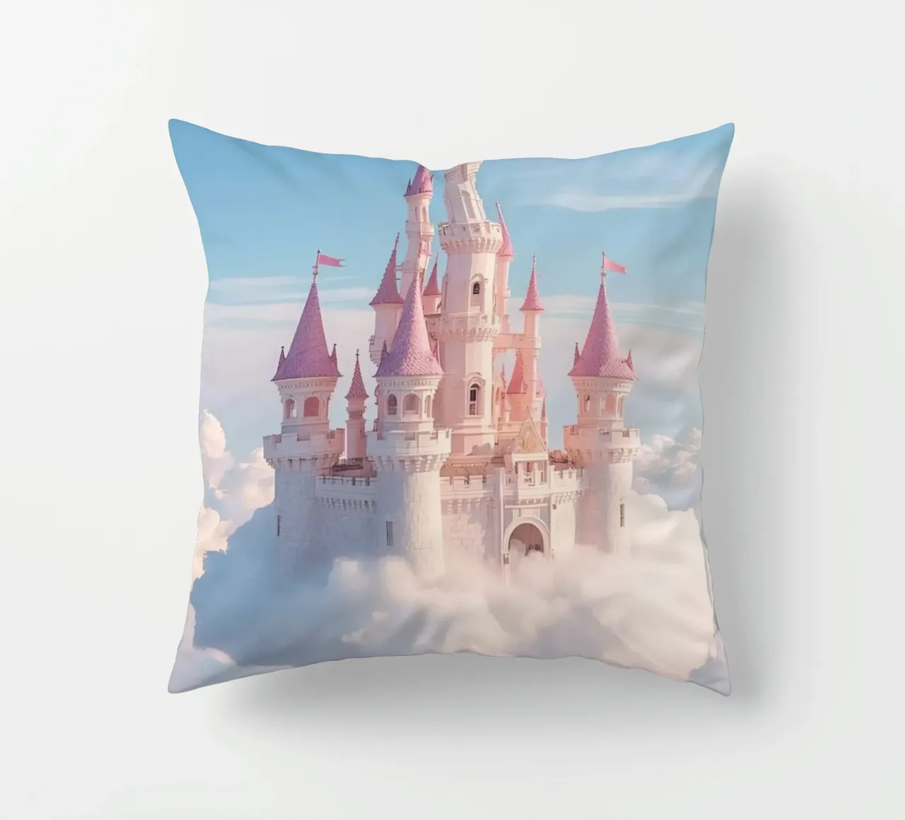 Castle floating on clouds with rainbow decorative cushion by DesignDoodle