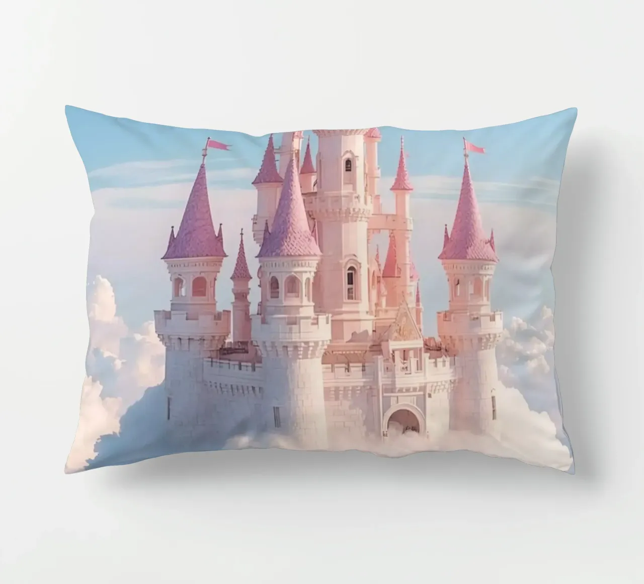 Castle floating on clouds with rainbow decorative cushion by DesignDoodle