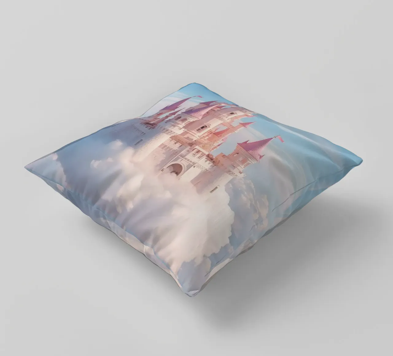 Castle floating on clouds with rainbow decorative cushion by DesignDoodle
