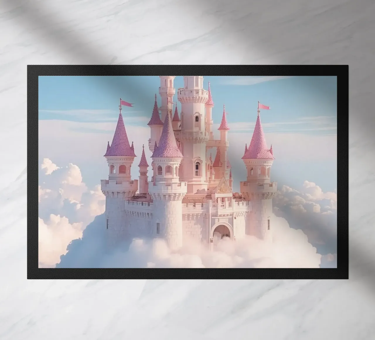 Castle floating on clouds with rainbow doormat by DesignDoodle