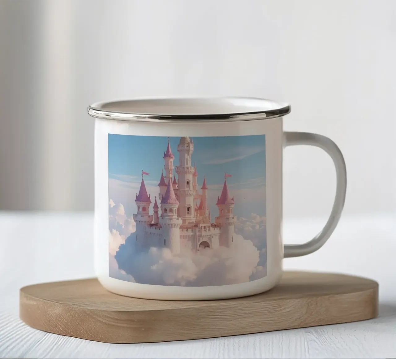 Castle floating on clouds with rainbow enamel mug by DesignDoodle