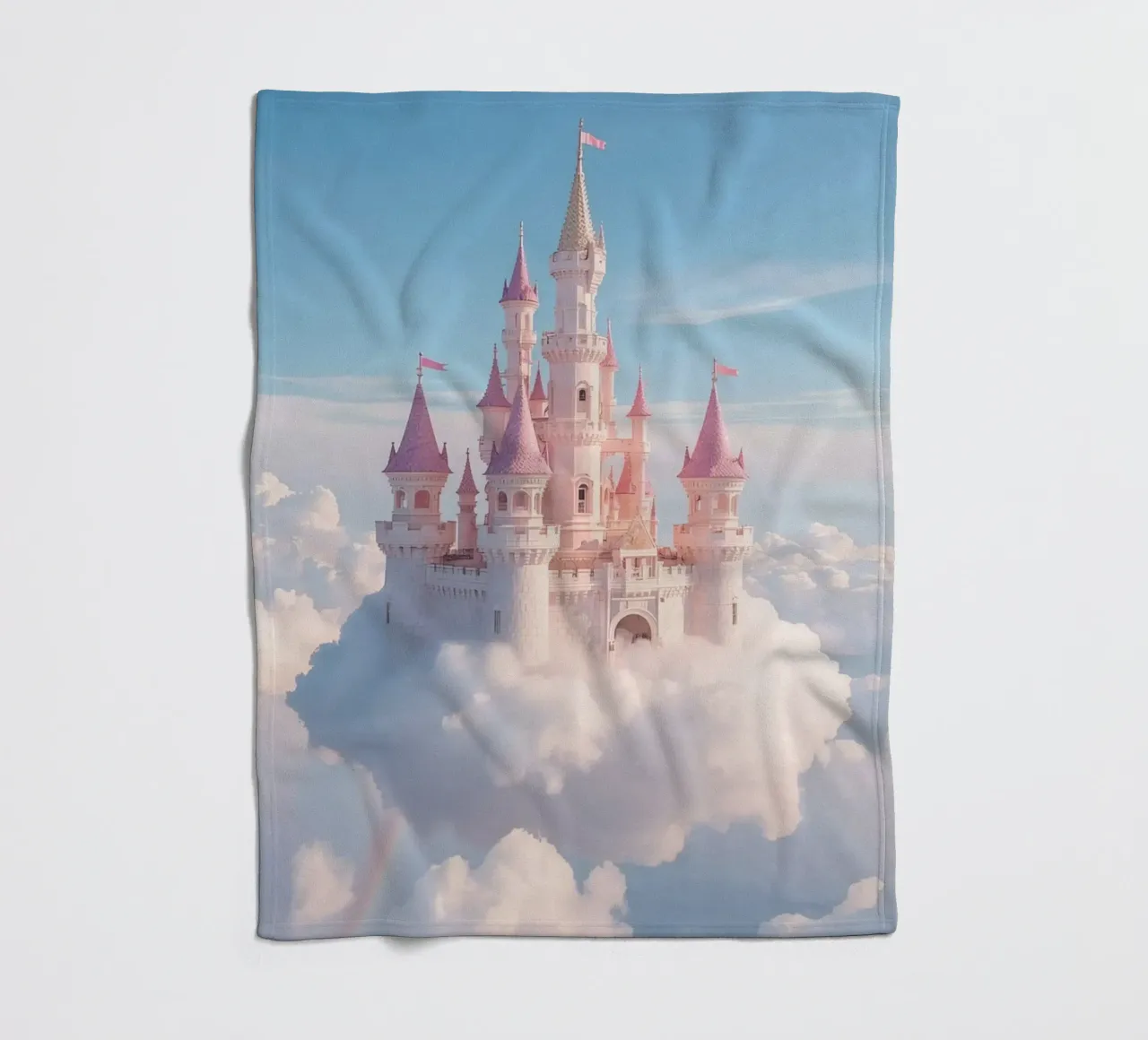 Castle floating on clouds with rainbow fleece blanket by DesignDoodle
