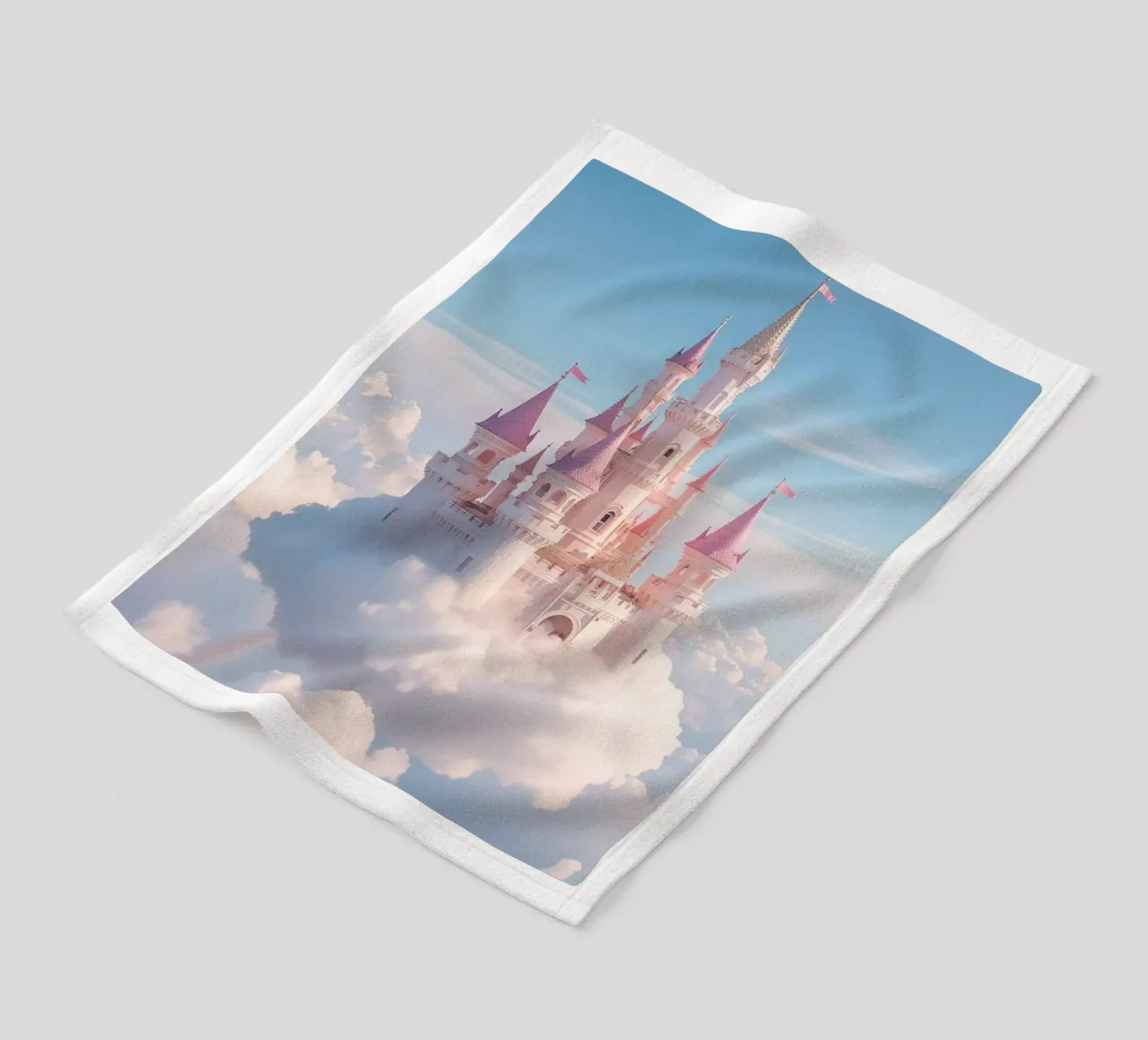 Castle floating on clouds with rainbow fleece blanket by DesignDoodle
