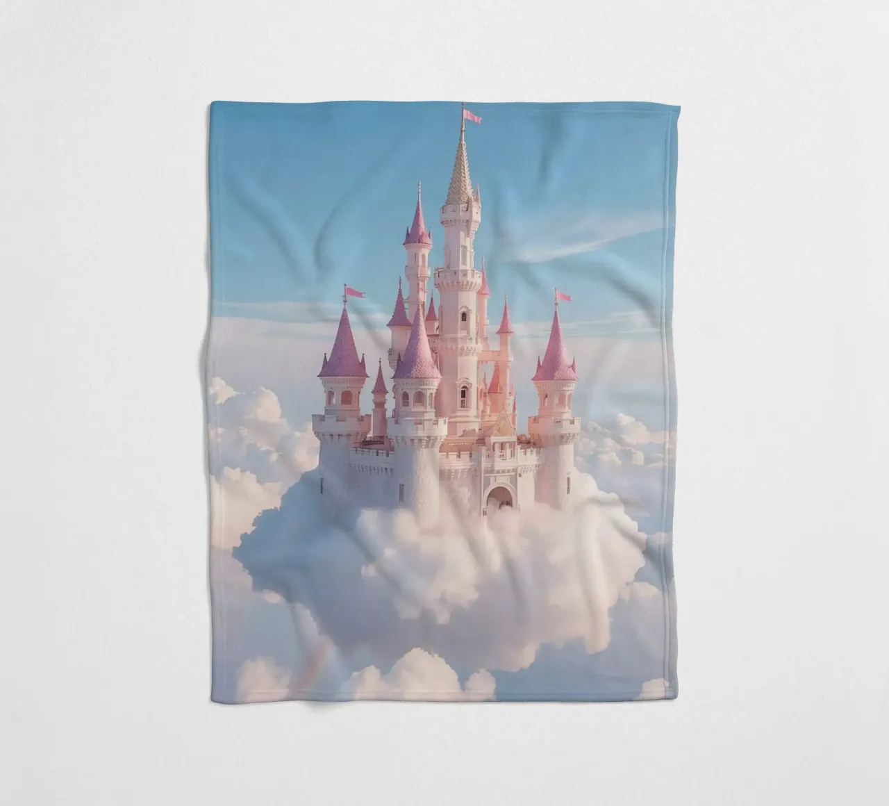 Castle floating on clouds with rainbow fleece blanket by DesignDoodle