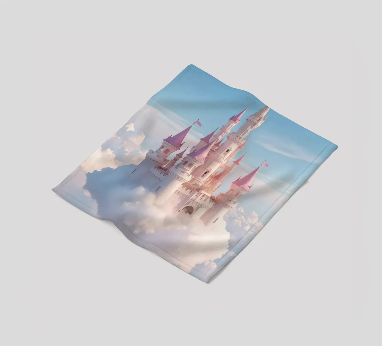 Castle floating on clouds with rainbow fleece blanket by DesignDoodle