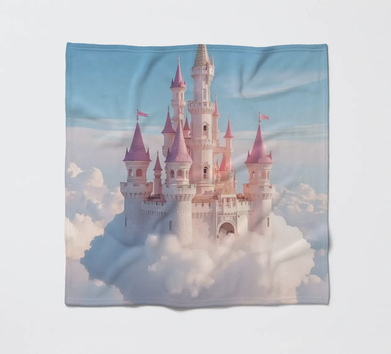 Castle floating on clouds with rainbow fleece blanket by DesignDoodle